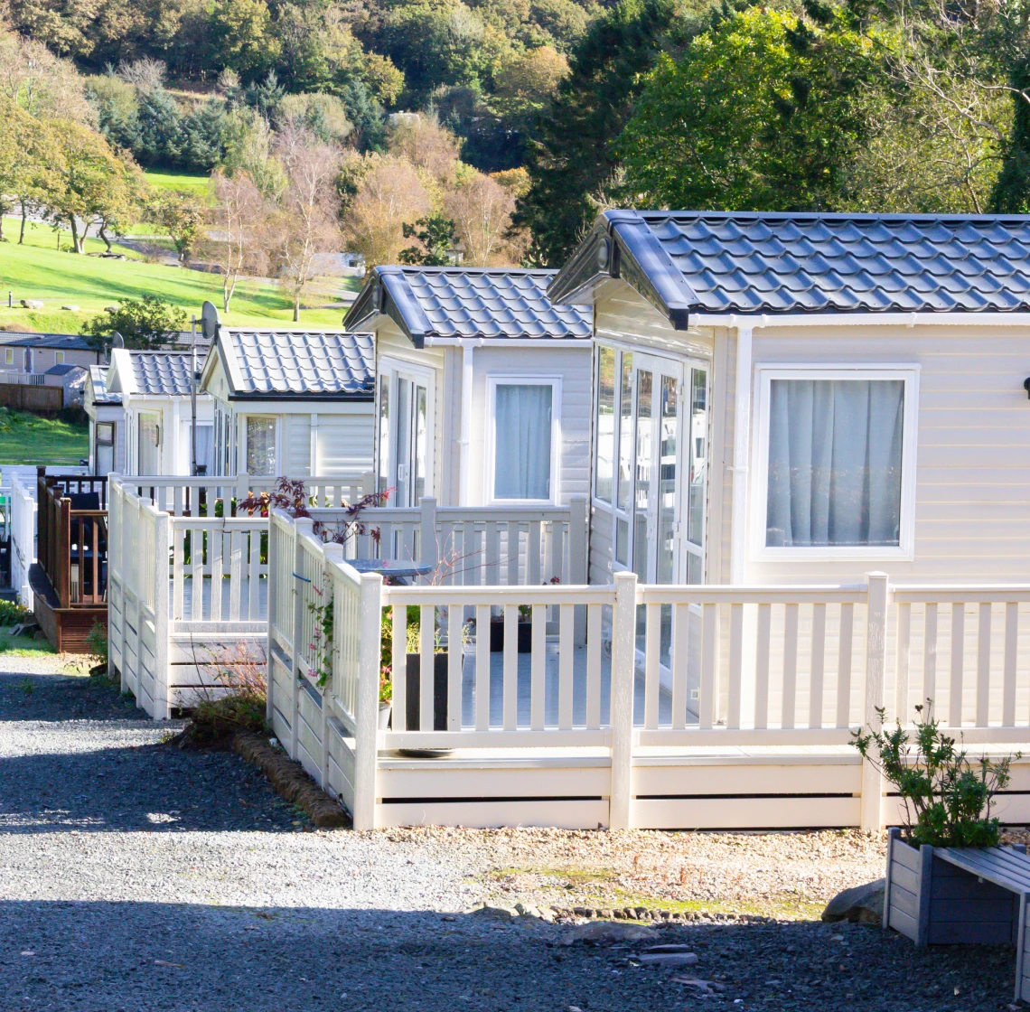 Row of mobile homes in scenic park.